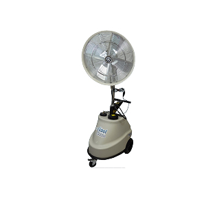 Self-contained portable mist fan on wheeled water tank base
