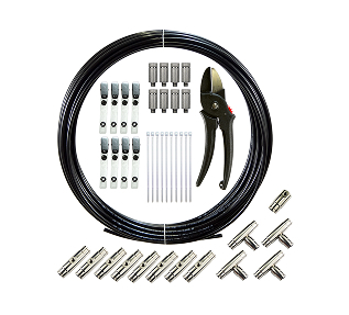 High-pressure misting line kit with tubing, nozzles, and fittings